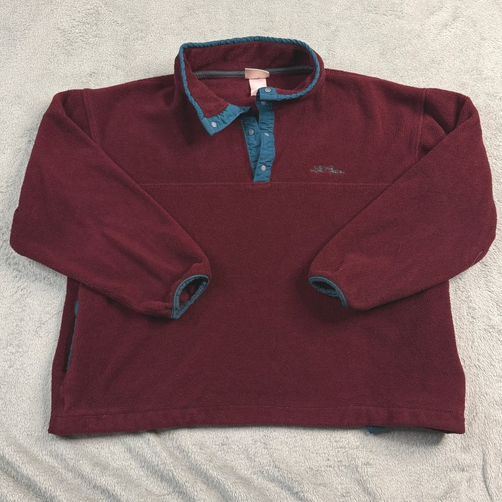 Vintage LL Bean Fleece Pullover Burgundy Maroon Teal Snap T Neck Womens XL